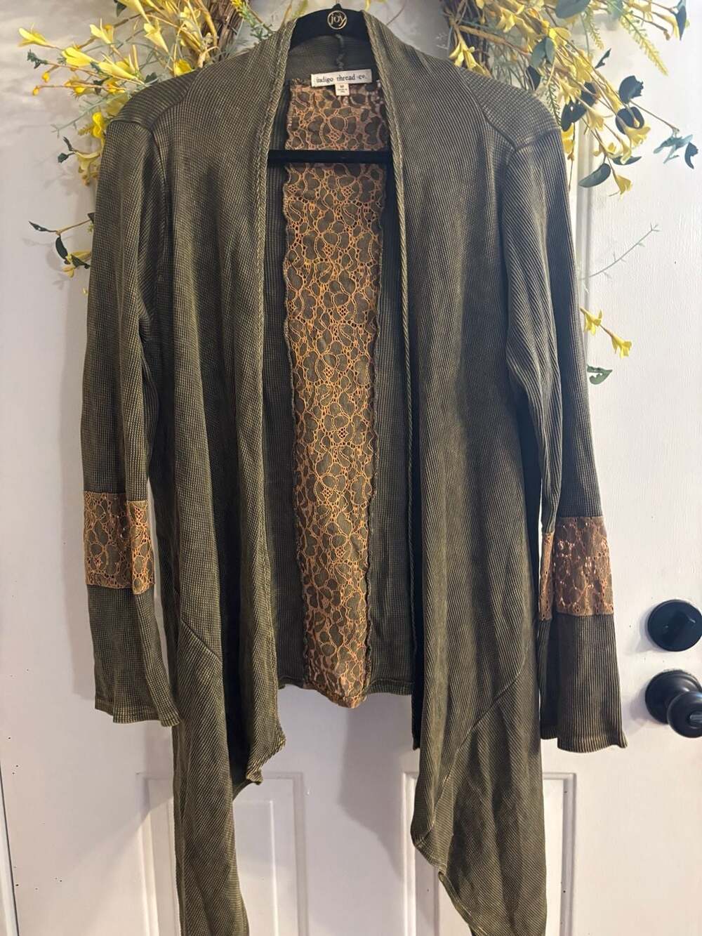 Indigo Thread Co. Olive Green Waffle Knit Open Front Cardigan with Lace Detail - Picture 2 of 4